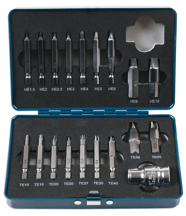 Laser Tools LAS-7678 csavarkiszedő készlet sérült fejű csavarokhoz, Torx T10-T55, Imbusz 1.5-10, 19 részes termék fő termékképe